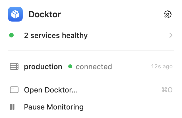 Docktor menu panel showing two healthy services and a connected production host.
